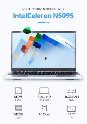 FIREBAT A14 Laptop – 14.1" FHD Display, Intel N5095, 16GB RAM, 512GB/1TB SSD, Fingerprint Unlock, Lightweight Business Notebook