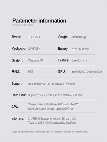 TOPOSH 10.1" Mini Laptop – Intel Celeron J4125 Quad-Core, 12GB RAM + 512GB SSD, Windows 11 Portable Office Notebook