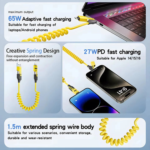 NNBILI 4 in 1 65W Spring Short USB Data Cable 6A USB Type C Spring