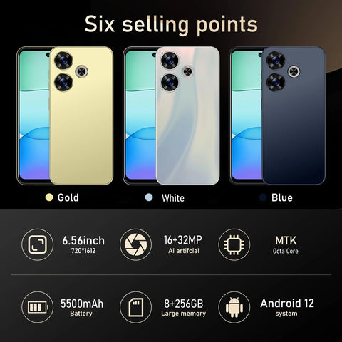 FUFFI X6 Pro Smartphone – 6.56" Android Phone, 8GB RAM + 256GB ROM, 16MP+32MP Camera, Dual SIM, 5500mAh Battery, Google Play