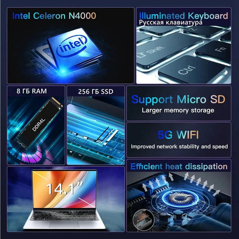 14" Learning Laptop – Intel N4000, Windows 11 Pro, Microsoft 365, 128GB–1TB SSD Options, Lightweight Student & Office Notebook