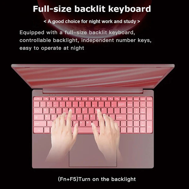 11th Gen Celeron N5095 Laptop – Windows 10/11, 16GB/32GB RAM, 128GB–2TB SSD, Dual-Band WiFi, Bluetooth, Stylish Pink Keyboard