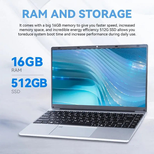 FIREBAT A14 Laptop – 14.1" FHD Display, Intel N5095, 16GB RAM, 512GB/1TB SSD, Fingerprint Unlock, Lightweight Business Notebook