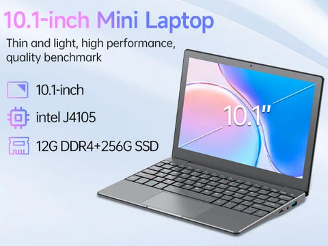 TOPOSH 10.1" Mini Laptop – Windows 11, Intel J4105, 12GB RAM + 256GB SSD, Portable Netbook for Office, School & Travel