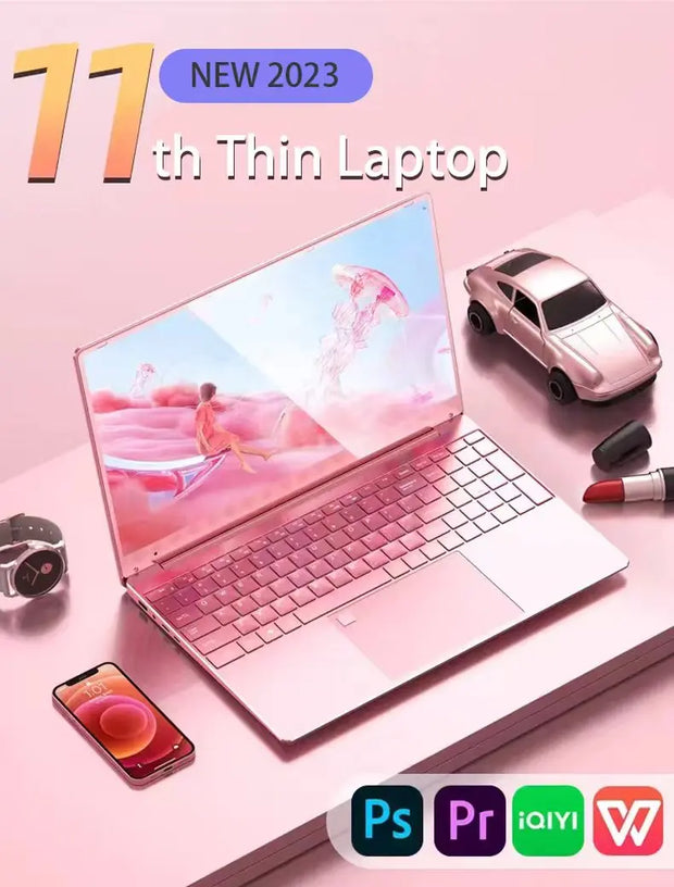 11th Gen Celeron N5095 Laptop – Windows 10/11, 16GB/32GB RAM, 128GB–2TB SSD, Dual-Band WiFi, Bluetooth, Stylish Pink Keyboard