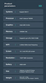 FIREBAT A14 Laptop – 14.1" FHD Display, Intel N5095, 16GB RAM, 512GB/1TB SSD, Fingerprint Unlock, Lightweight Business Notebook