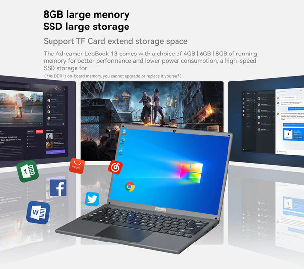 Adreamer 13.3" Laptop – Intel Celeron N4020, 8GB RAM + 1TB SSD, Windows 10 Notebook for Office, School & Everyday Use